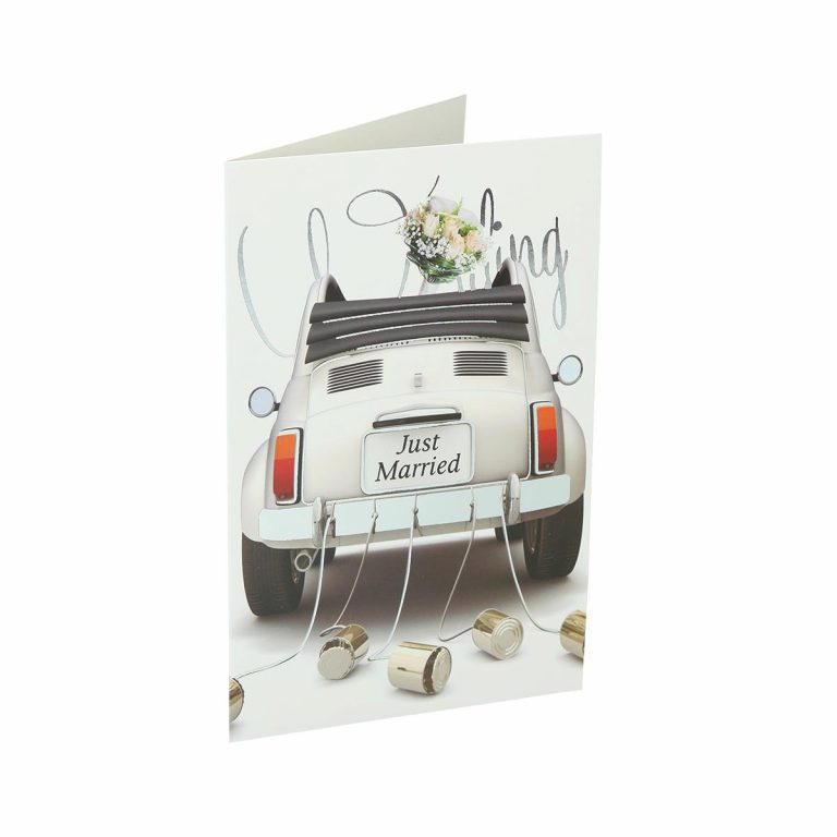 3D čestitka za vjenčanje sa motivom svadbenog automobila i tekstom Just Married