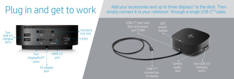 HP USB-C Dock G5 docking stanica priključena na laptop