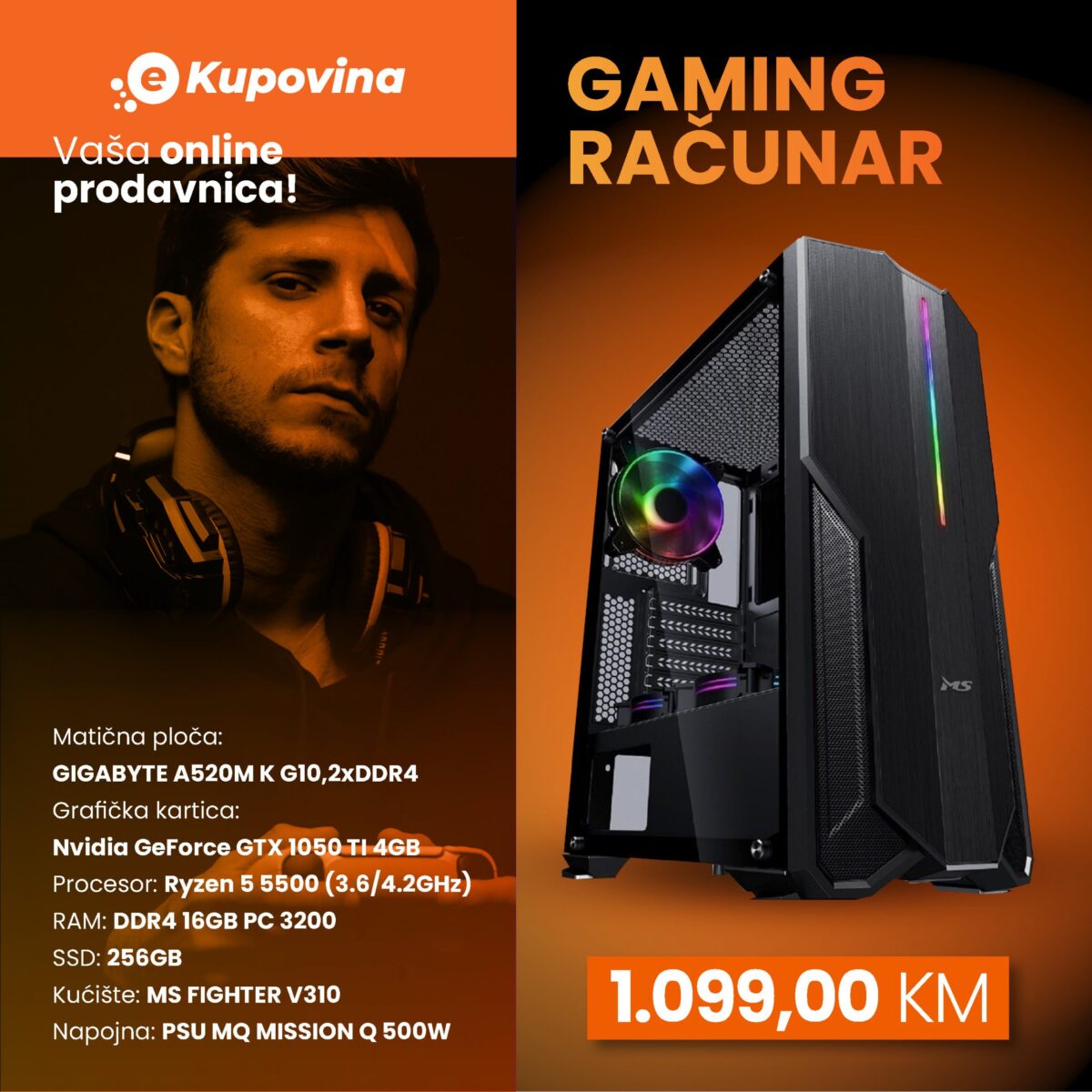 Gaming računar HD Game 3 sa crvenim osvetljenjem i GTX 1050 TI grafičkom karticom