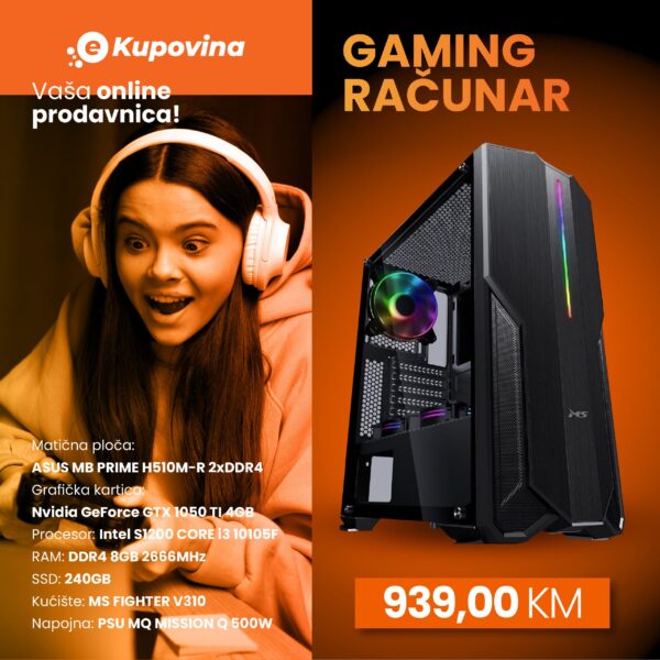 Gaming računar HD Game 5 sa crvenim osvetljenjem u MS FIGHTER kućištu