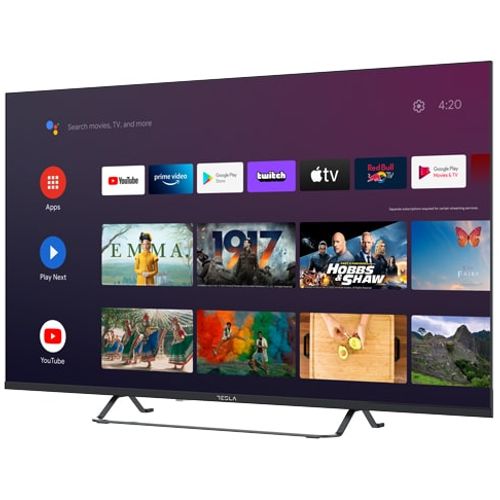 Tesla 50E625BUS UHD Android TV sa postoljem, prikazan u modernom enterijeru