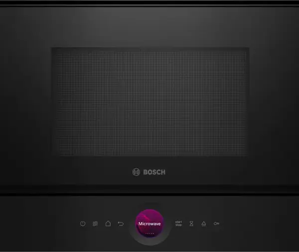BOSCH mikrovalna pećnica Serie 8, crna boja, sa digitalnim ekranom i desnim otvaranjem.