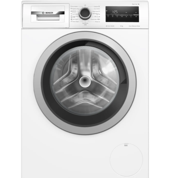 BOSCH perilica rublja Serie 4, bijela, sa front loading vratima i digitalnim displejem.