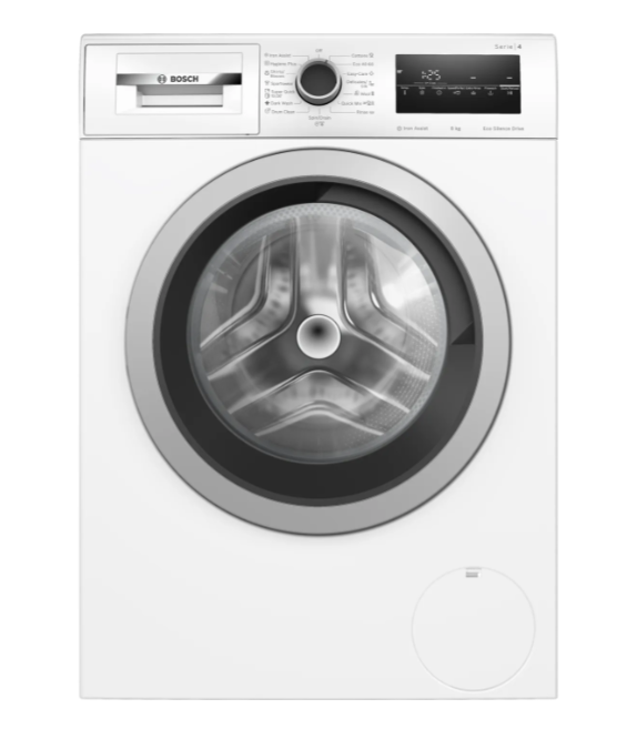 BOSCH perilica rublja Serie 4, bijela, sa front loading vratima i digitalnim displejem.