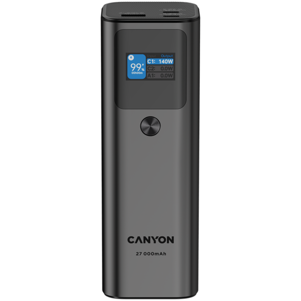 CANYON PB-2010 power bank 27000mAh, tamno sive boje sa TFT displejem i USB-C/USB-A priključcima.