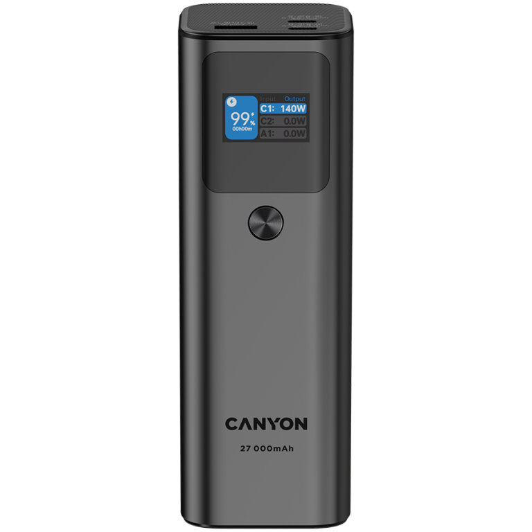 CANYON PB-2010 power bank 27000mAh, tamno sive boje sa TFT displejem i USB-C/USB-A priključcima.