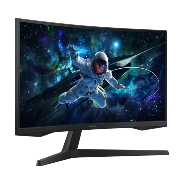 Samsung Odyssey G55C gaming monitor sa zakrivljenim ekranom od 27 inča, crne boje, sa WQHD rezolucijom i AMD FreeSync Premium tehnologijom.