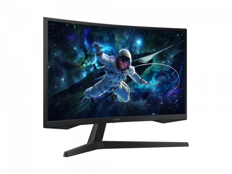 Samsung Odyssey G55C gaming monitor sa zakrivljenim ekranom od 27 inča, crne boje, sa WQHD rezolucijom i AMD FreeSync Premium tehnologijom.