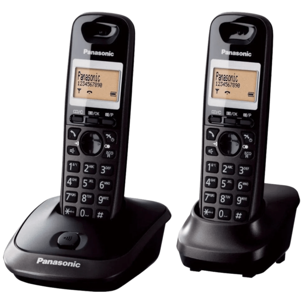 Panasonic KX-TG2512FXT bežični telefon sa crnom slušalicom i bazom, prikazan na beloj podlozi