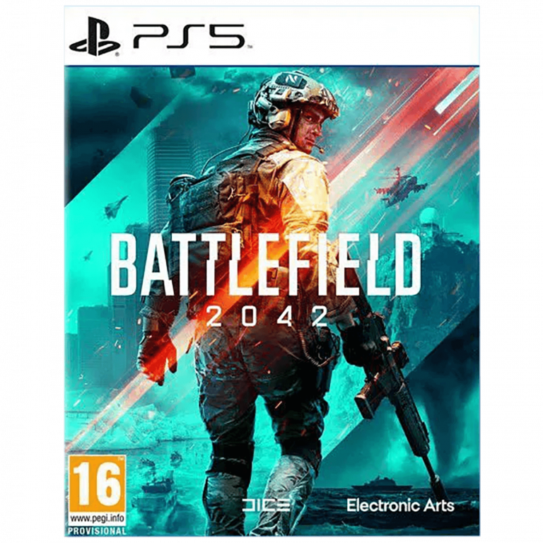 Battlefield 2042 za PlayStation 5 - omot igre sa futurističkim vojnikom i borbenim scenama.