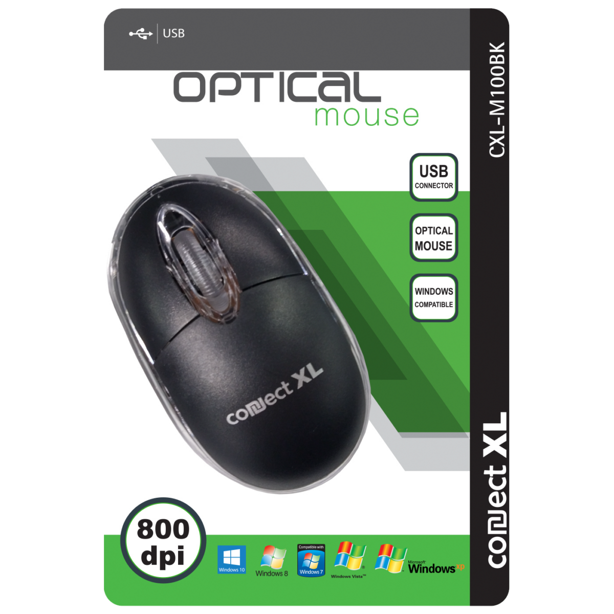 Crni optički miš Connect XL sa USB konektorom i scroll točkićem