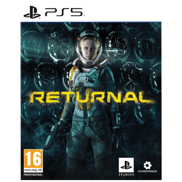 Omot igre Returnal za PlayStation 5 sa naslovnim likom Selene i vanzemaljskim okruženjem