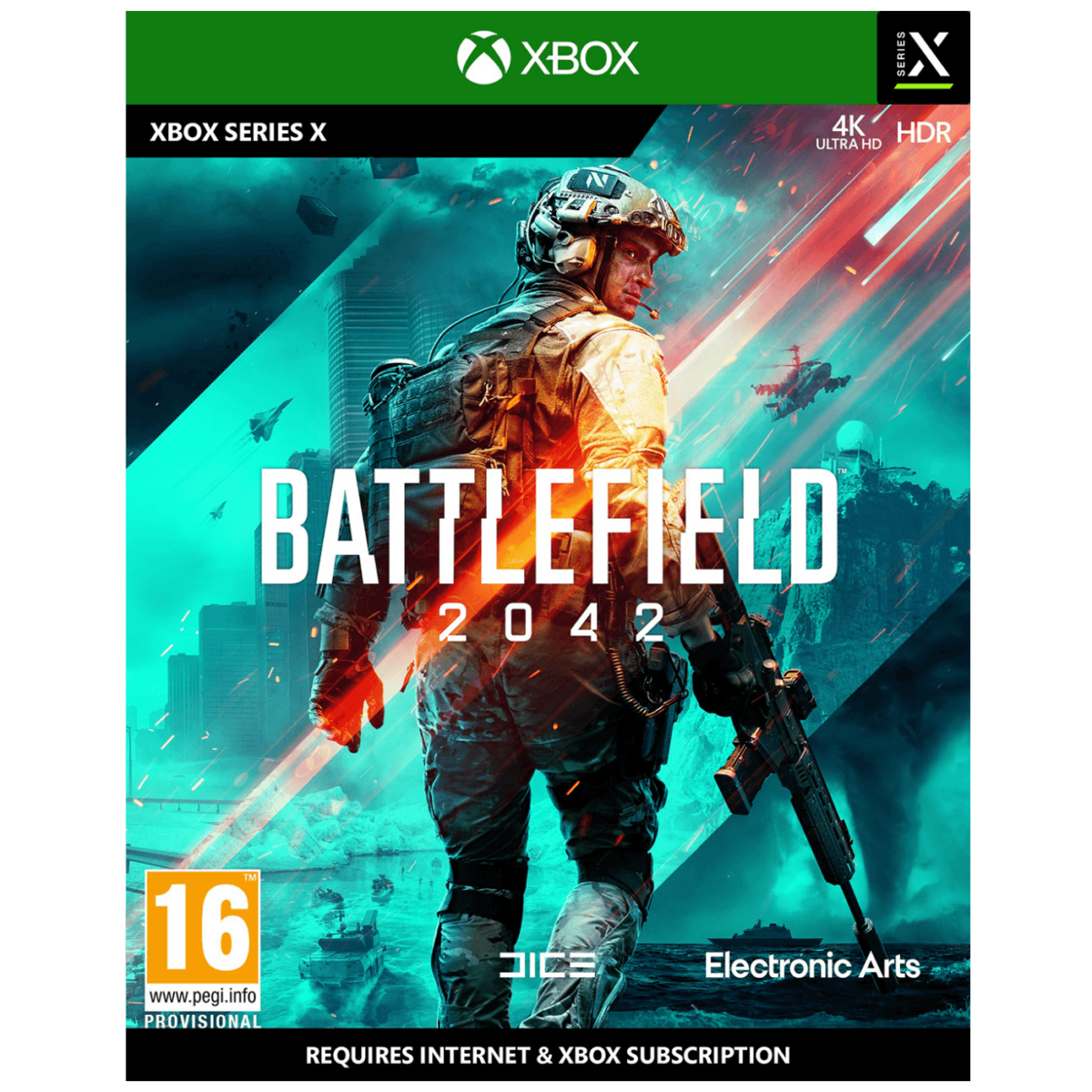 Battlefield 2042 omotnica za XBOX Series X sa futurističkim scenama borbe