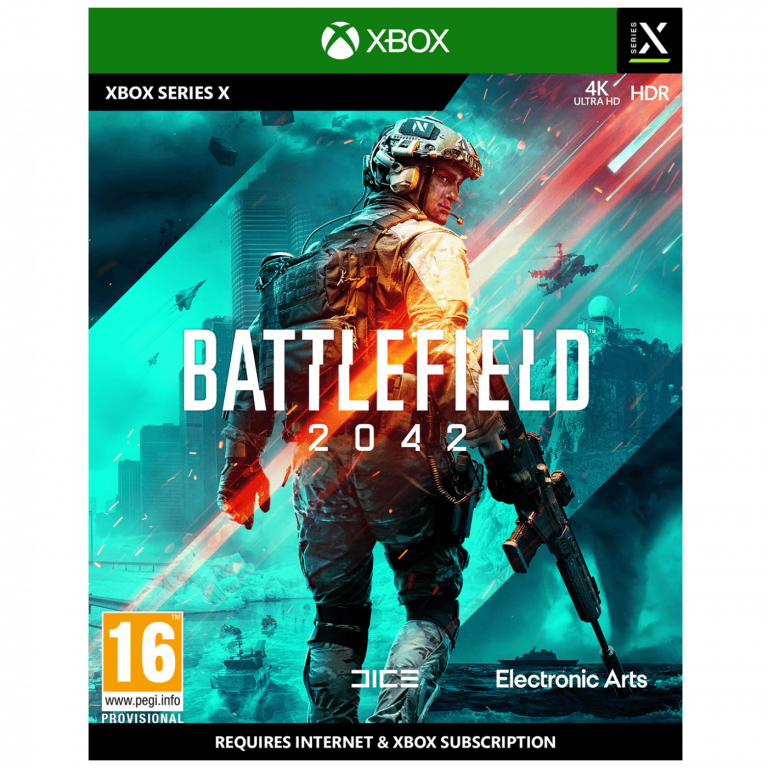 Battlefield 2042 omotnica za XBOX Series X sa futurističkim scenama borbe
