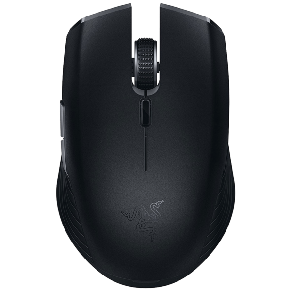 Razer Atheris bežični miš sa crno-zelenim dizajnom i gumiranim kotačićem za precizno pomicanje.