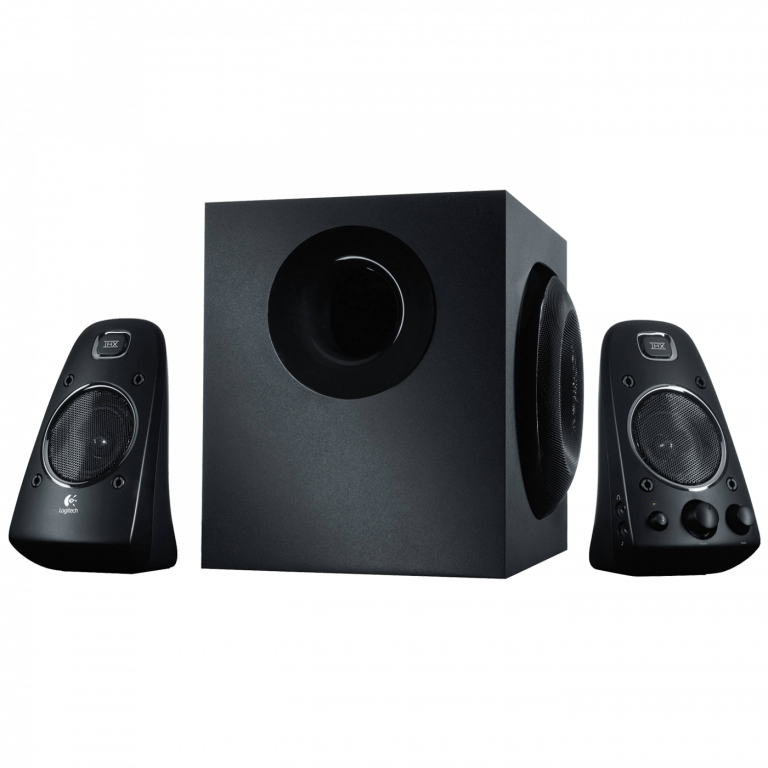 Logitech Z623 2.1 THX zvučnici sa subwooferom i satelitima na crnoj podlozi.