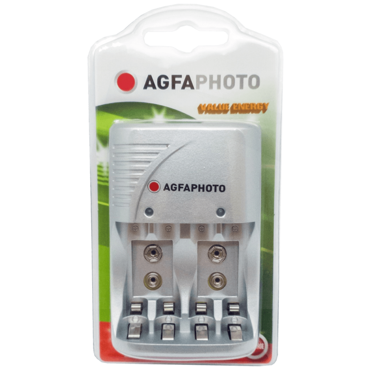 Agfa Photo Accu Charger Value Energy - univerzalni punjač za AA, AAA i 9V baterije na beloj podlozi