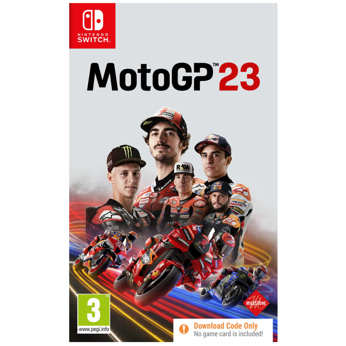 Naslovnica igre Moto GP 23 za Nintendo Switch sa trkačkim motorom i vozačem u akciji