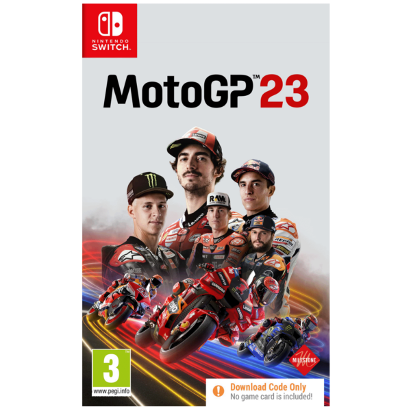 Naslovnica igre Moto GP 23 za Nintendo Switch sa trkačkim motorom i vozačem u akciji