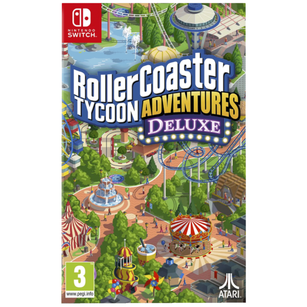 Atari Rollercoaster Tycoon Advent. Deluxe igra za Nintendo Switch sa naslovnim ekranom i toboganima