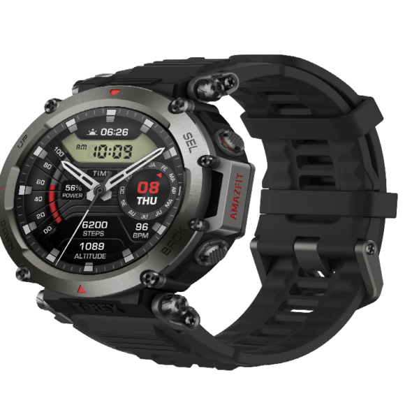 Crni Amazfit T-Rex Ultra GPS sat sa čeličnim kućištem i velikim AMOLED ekranom