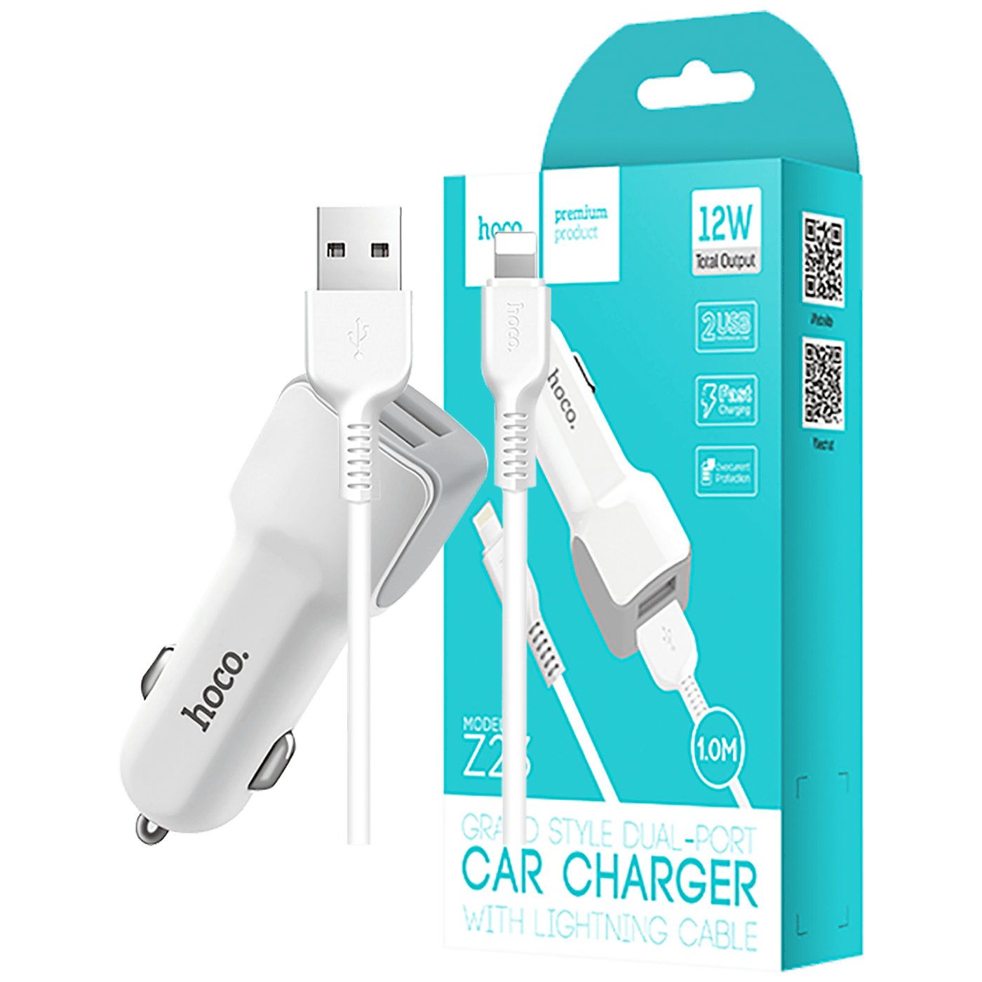 HOCO Auto punjač sa Lightning kabelom i dva USB porta, crne boje, sa LED indikatorom