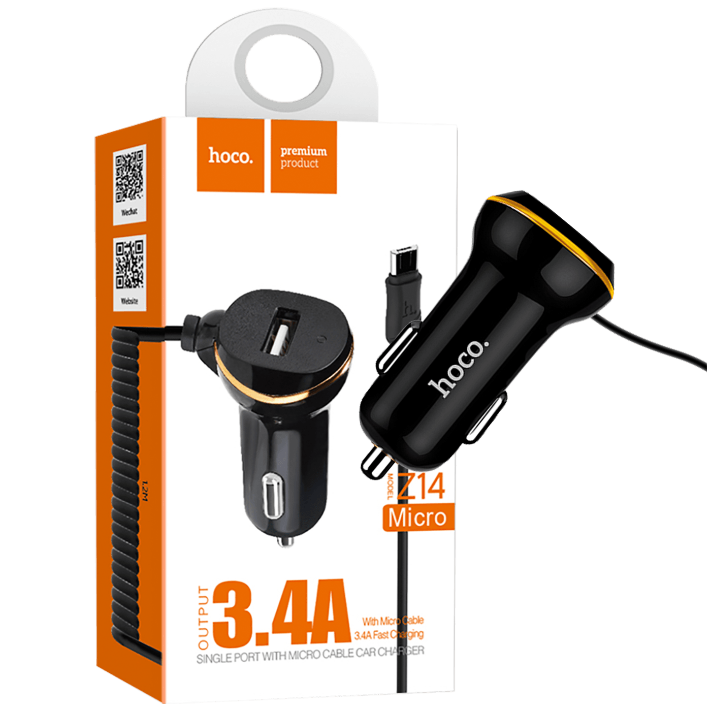 HOCO Auto punjač sa micro USB kablom, crna boja, prikazan u automobilu