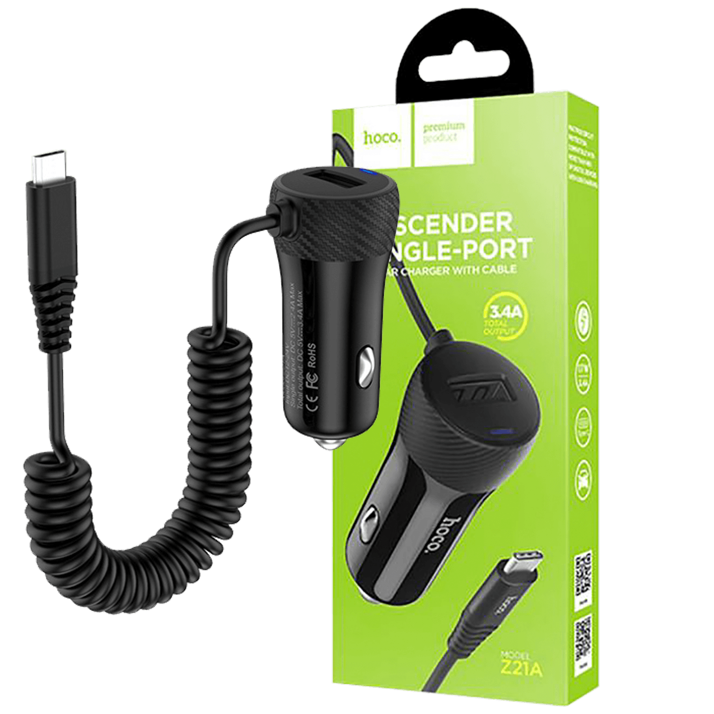 HOCO Auto punjač sa micro USB kabelom, crne boje, sa jednim USB portom