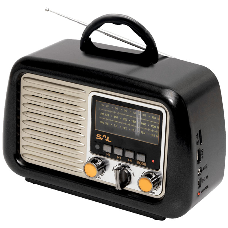SAL Retro radio sa Bluetooth vežom i retro dizajnom, sa prikazom dugmeta i zvučnika.