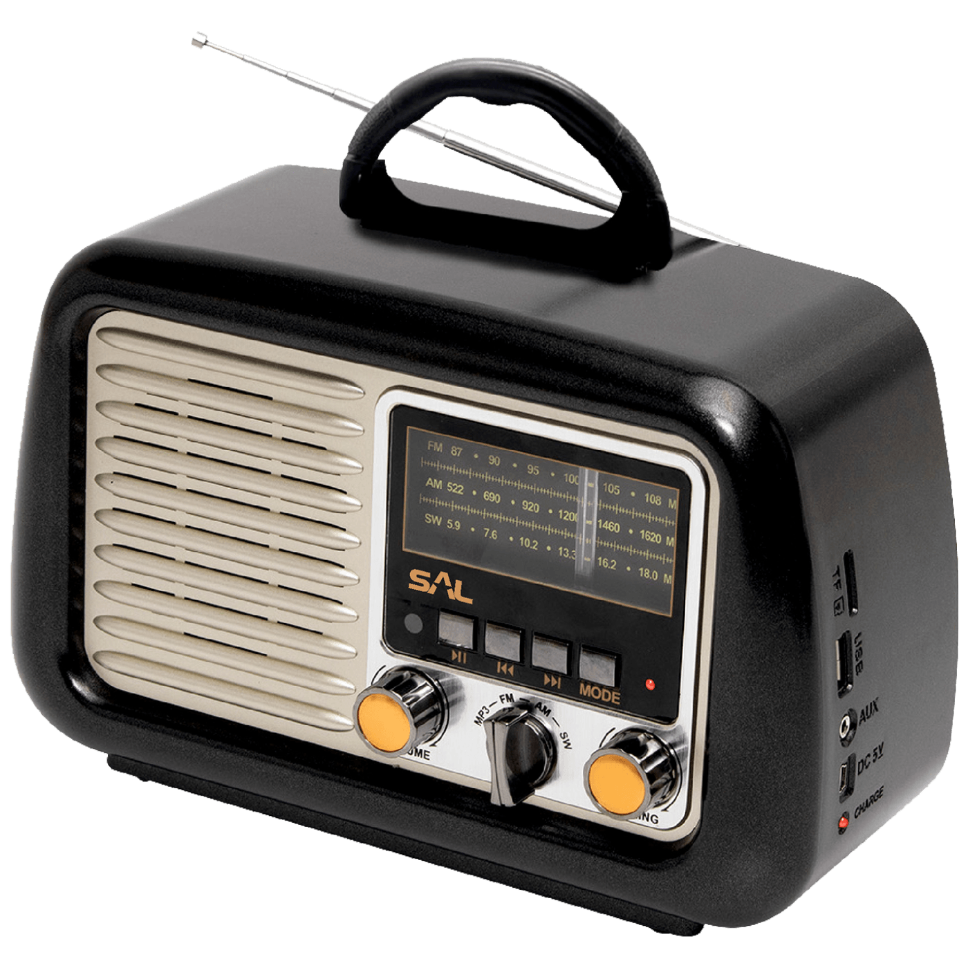 SAL Retro radio sa Bluetooth vežom i retro dizajnom, sa prikazom dugmeta i zvučnika.
