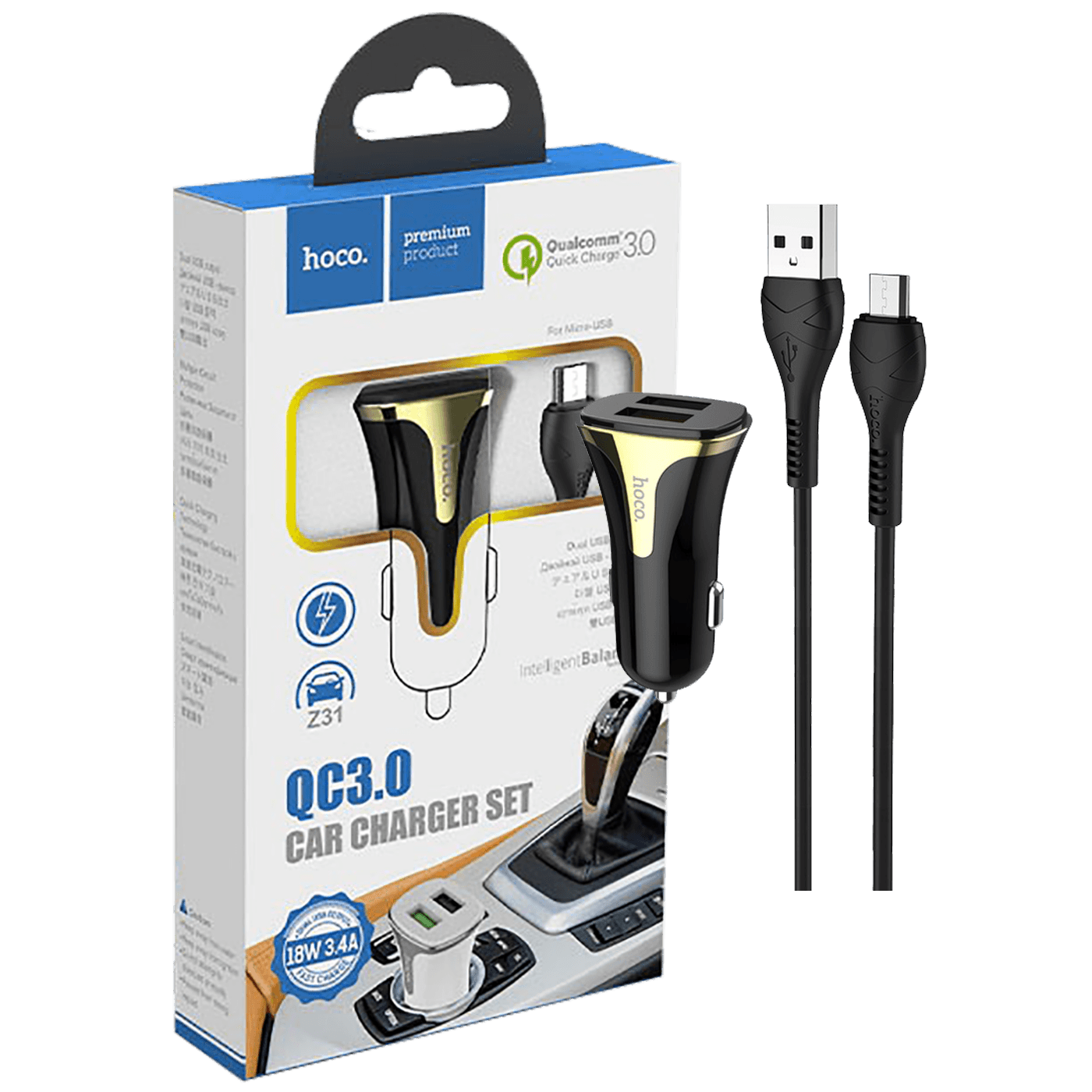 HOCO auto punjač sa microUSB kabelom i dva USB porta