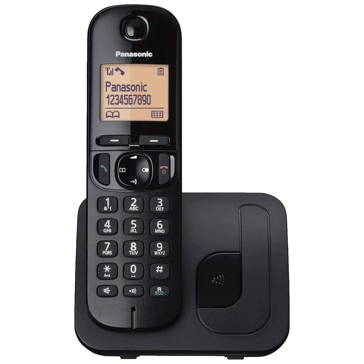 Panasonic bežični telefon KX-TGC210FXB sa crnom baznom jedinicom i slušalicom na beloj pozadini.