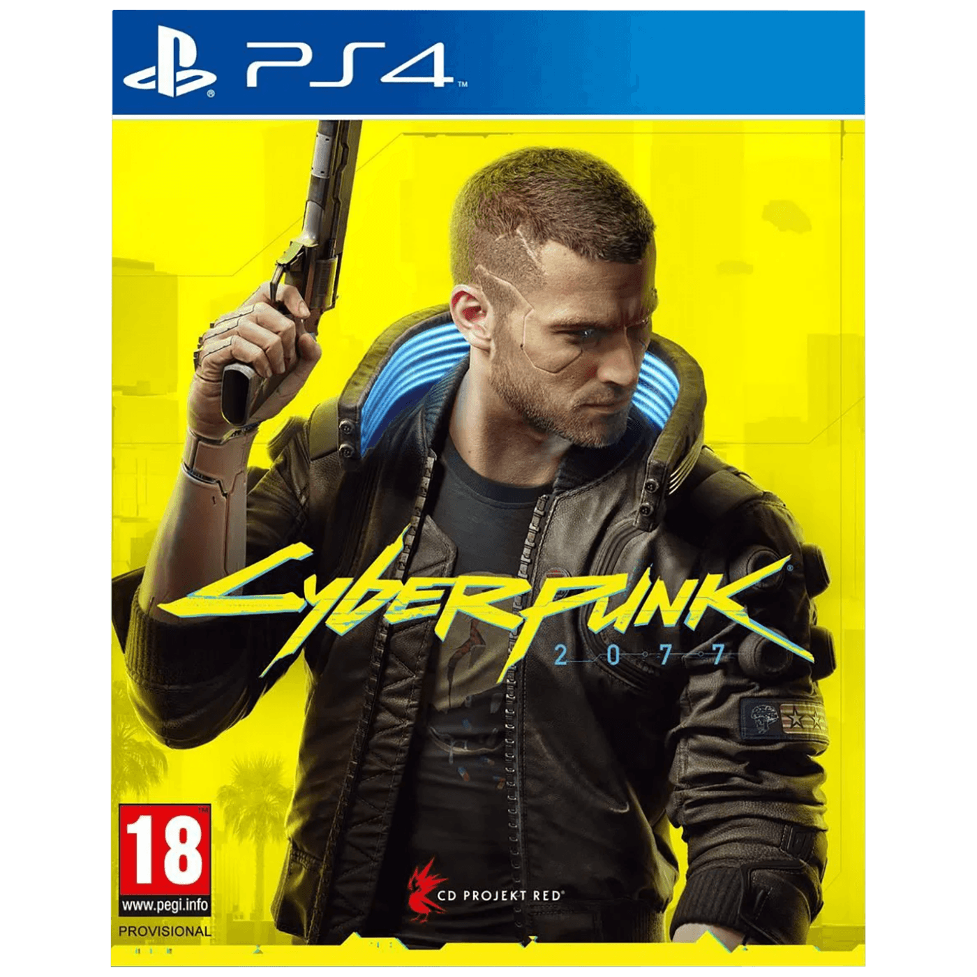 Omot igre Cyberpunk 2077 za PlayStation 4 sa futurističkim gradom i glavnim likom