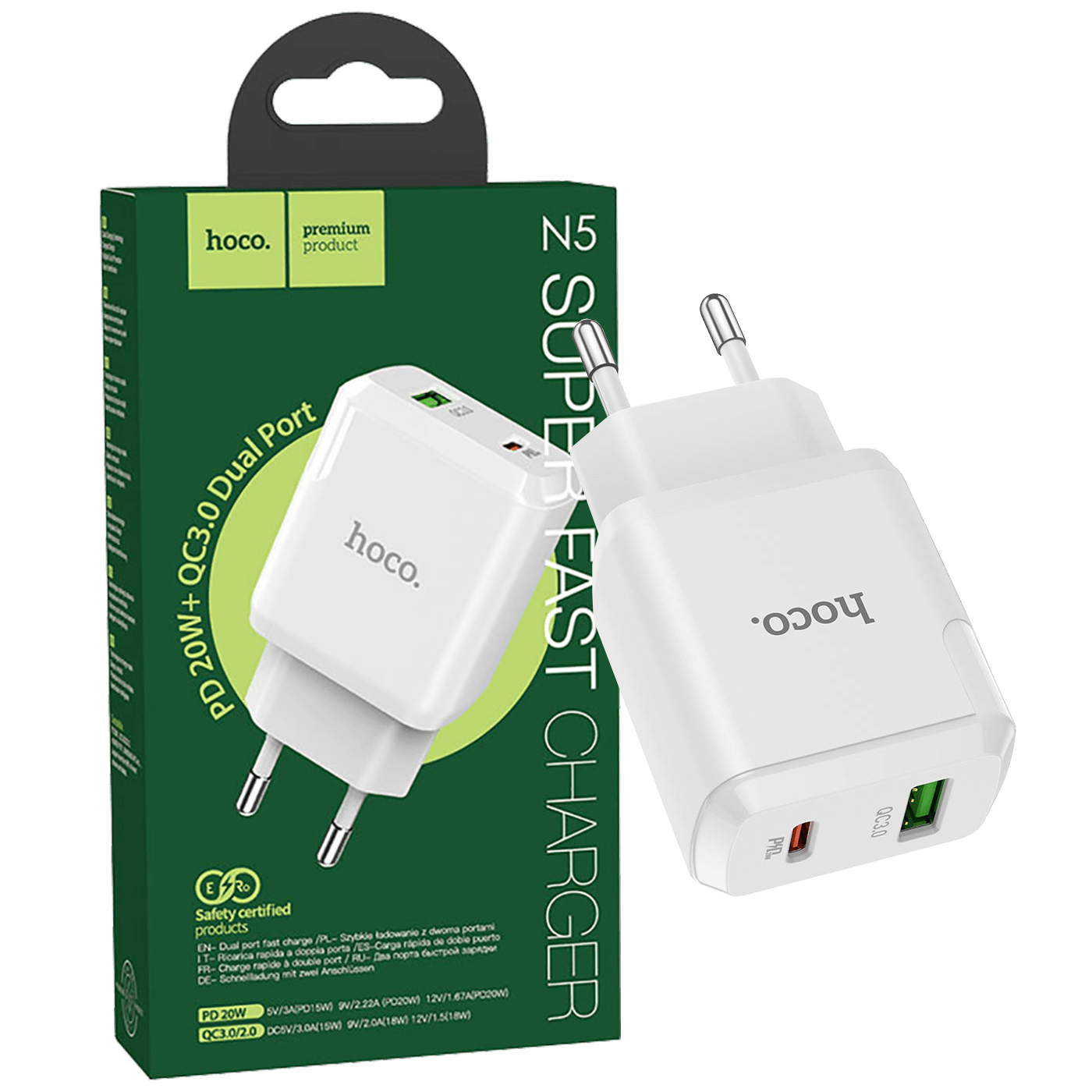 HOCO Favor White brzi punjač sa USB-A i Type-C priključkom