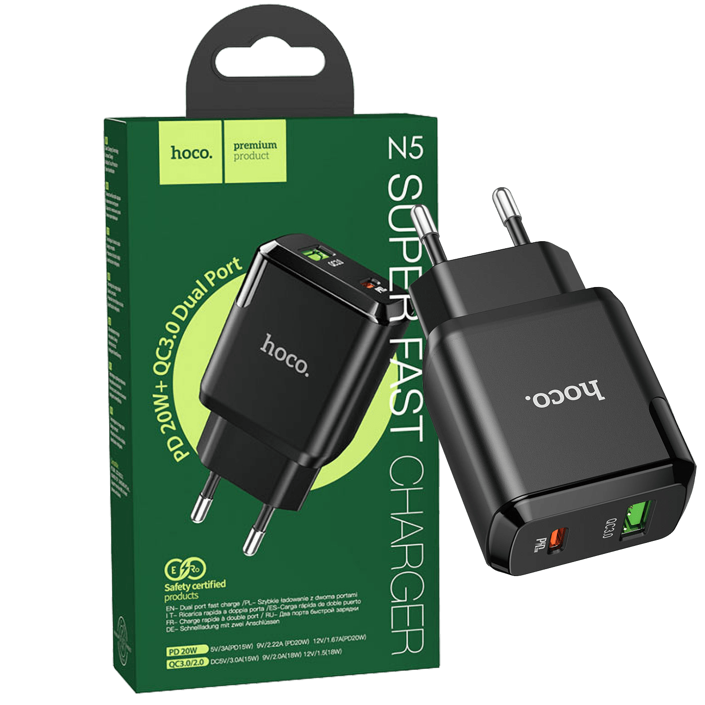 Hoco N5 Favor Black brzi punjač sa USB-A i Type-C izlazima