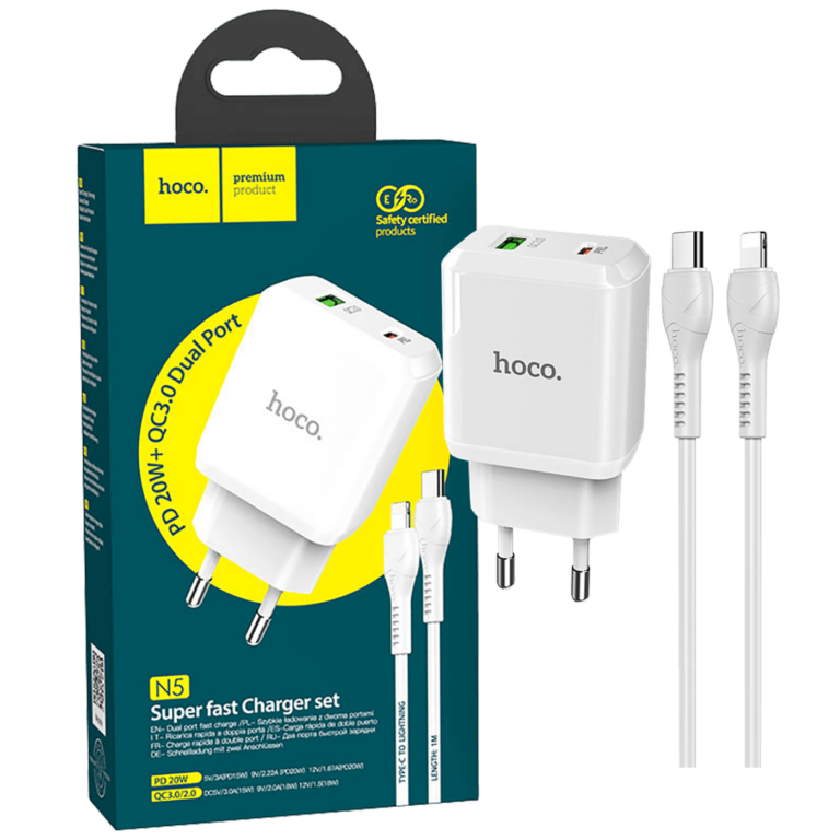 HOCO brzi punjač sa Lightning kabelom, bela boja, sa USB-A i Type-C izlazima