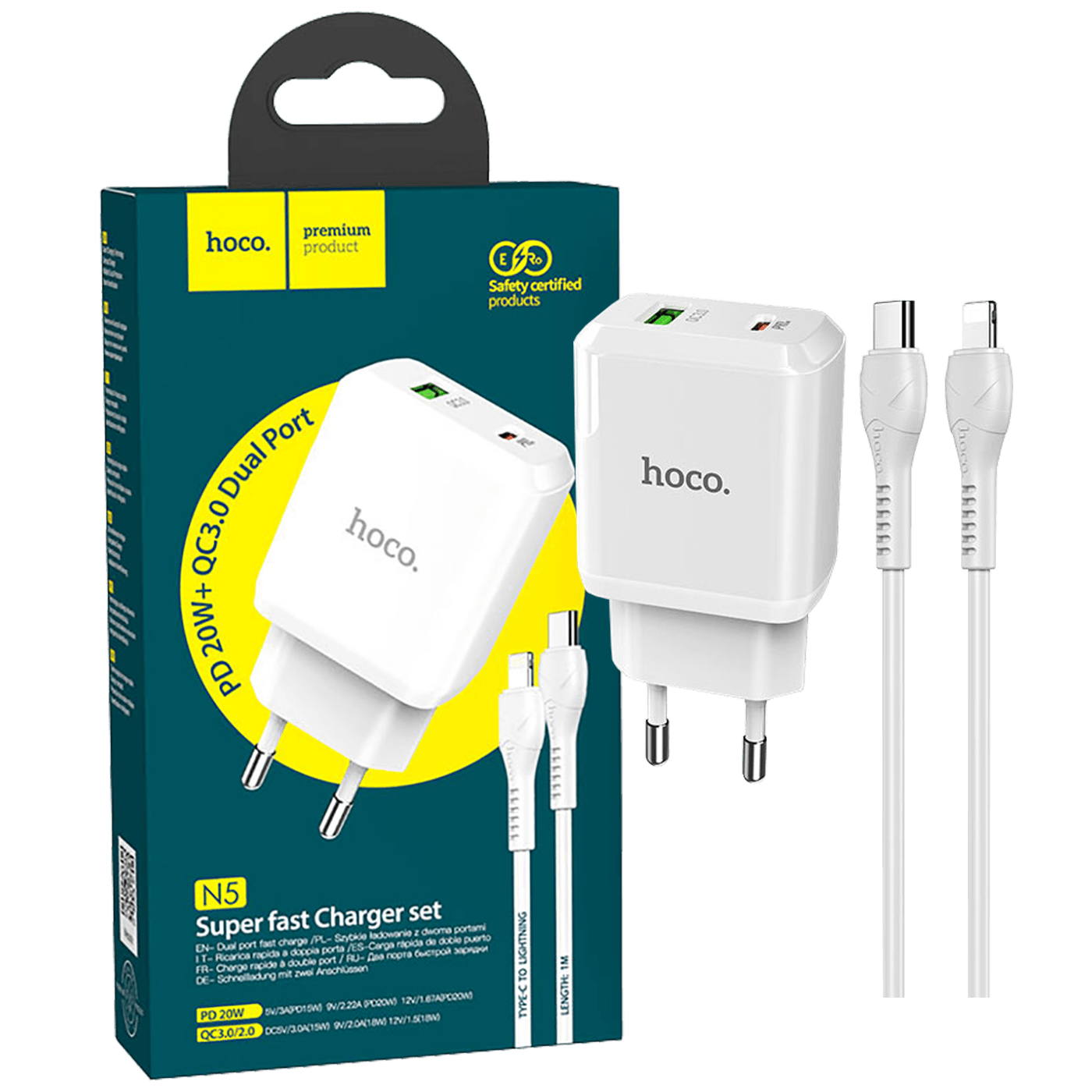 HOCO brzi punjač sa Lightning kabelom, bela boja, sa USB-A i Type-C izlazima