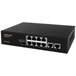 REDLINE PoE mrežni switch sa 10 portova, od kojih 8 podržavaju PoE, crne boje sa LED indikatorima