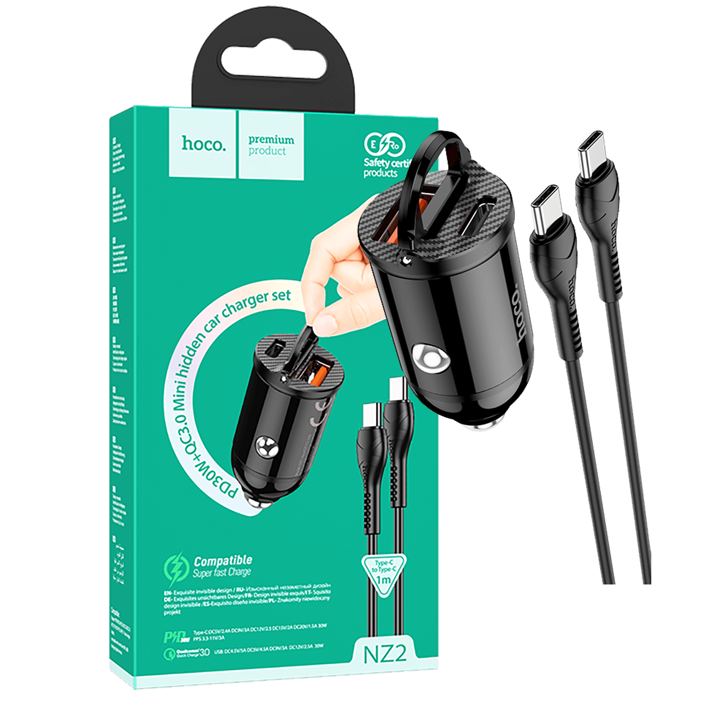 HOCO auto punjač sa Type-C kabelom i dva USB porta, crne boje