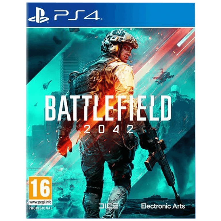 Omot igre Battlefield 2042 za PlayStation 4 sa futurističkim vojnikom i borbenim scenama