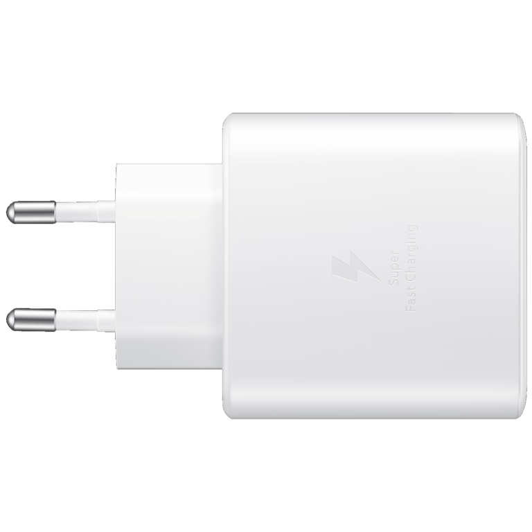Samsung brzi punjač 45W USB-C sa bijelim dizajnom i kompaktnim dimenzijama