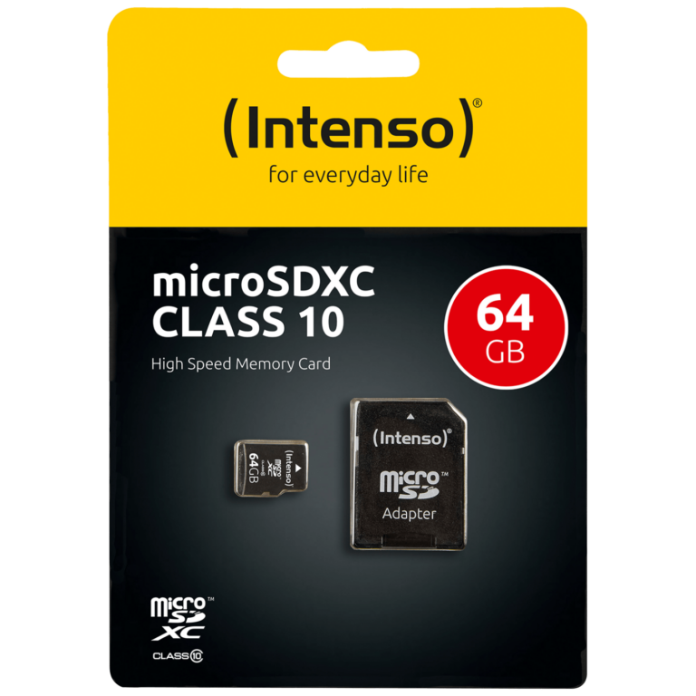Intenso Micro SD Kartica 64GB Class 10 sa adapterom, prikazana sa pakovanjem