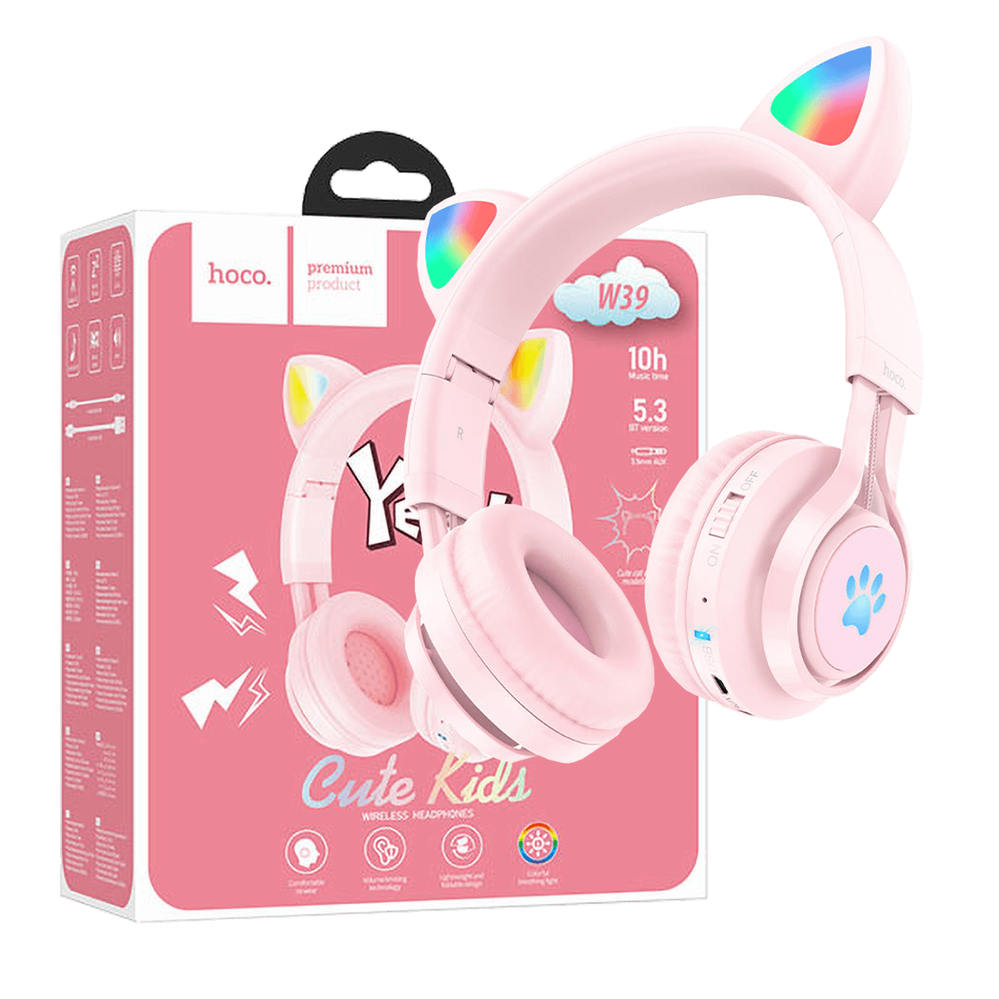 HOCO W39 bežične slušalice sa mačjim ušima u pink boji, sa mikrofonom i Bluetooth veza