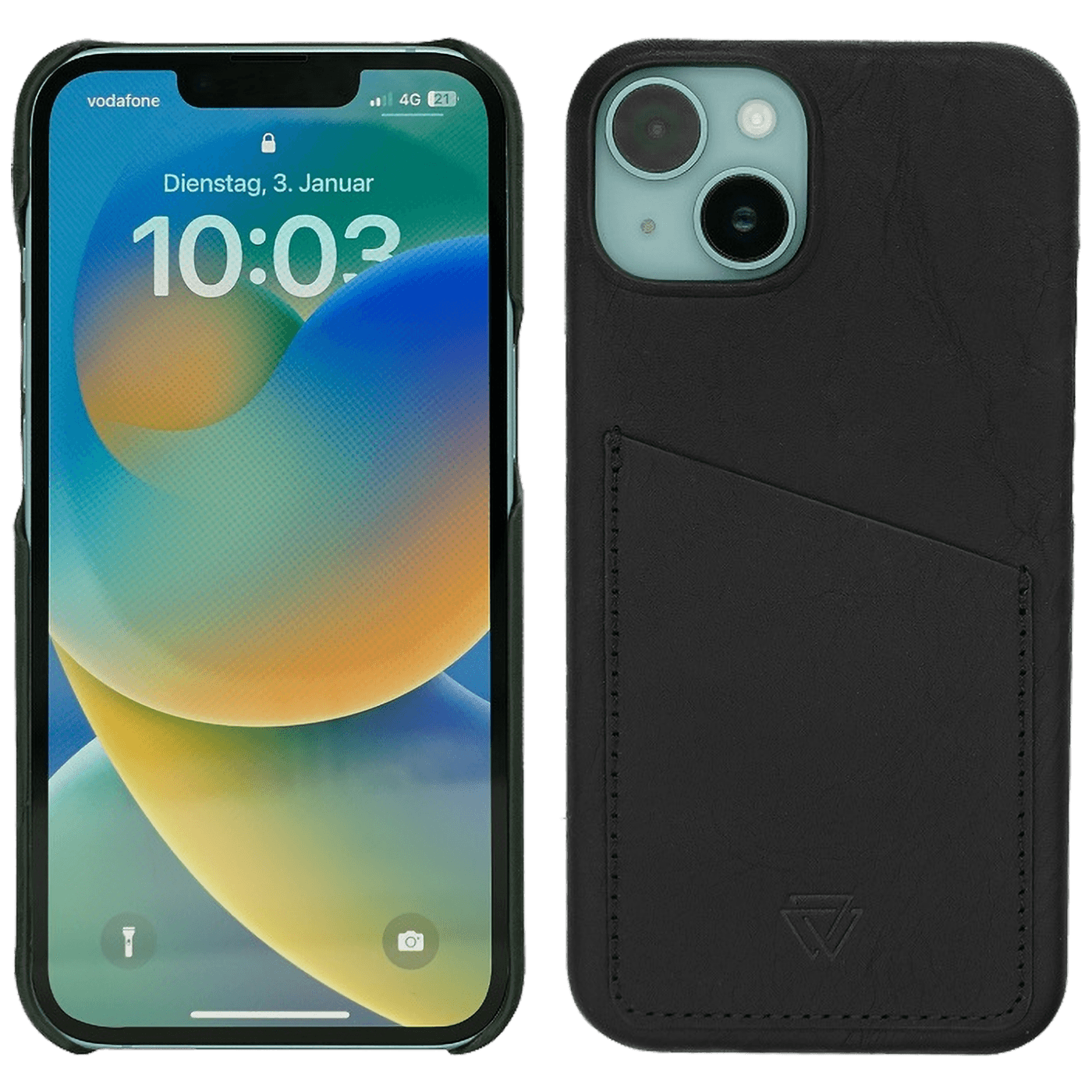 Crna kožna maska za iPhone 14 Pro sa ugrađenim držačem za kartice