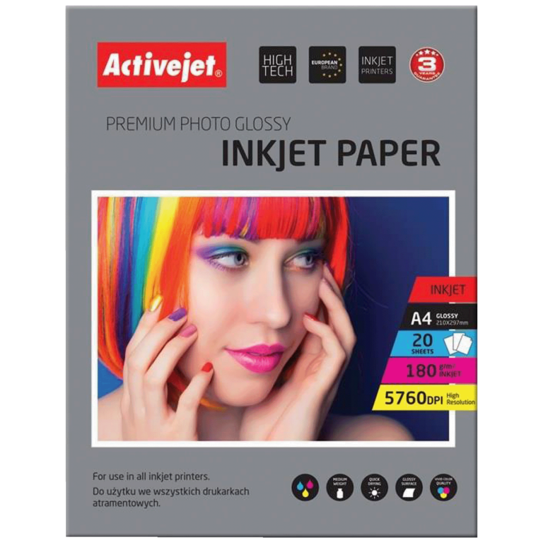 Activejet sjajni foto papir A4 180g glossy white pakovanje od 20 listova