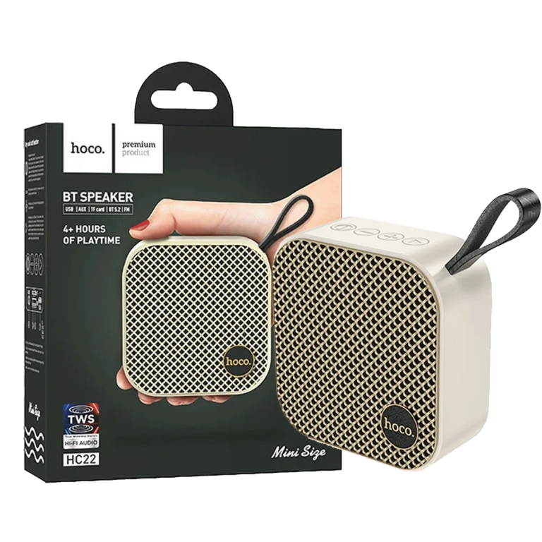 Hoco HC22 bežični Bluetooth zvučnik u bijeloj boji sa prikazanim dugmetom za upravljanje