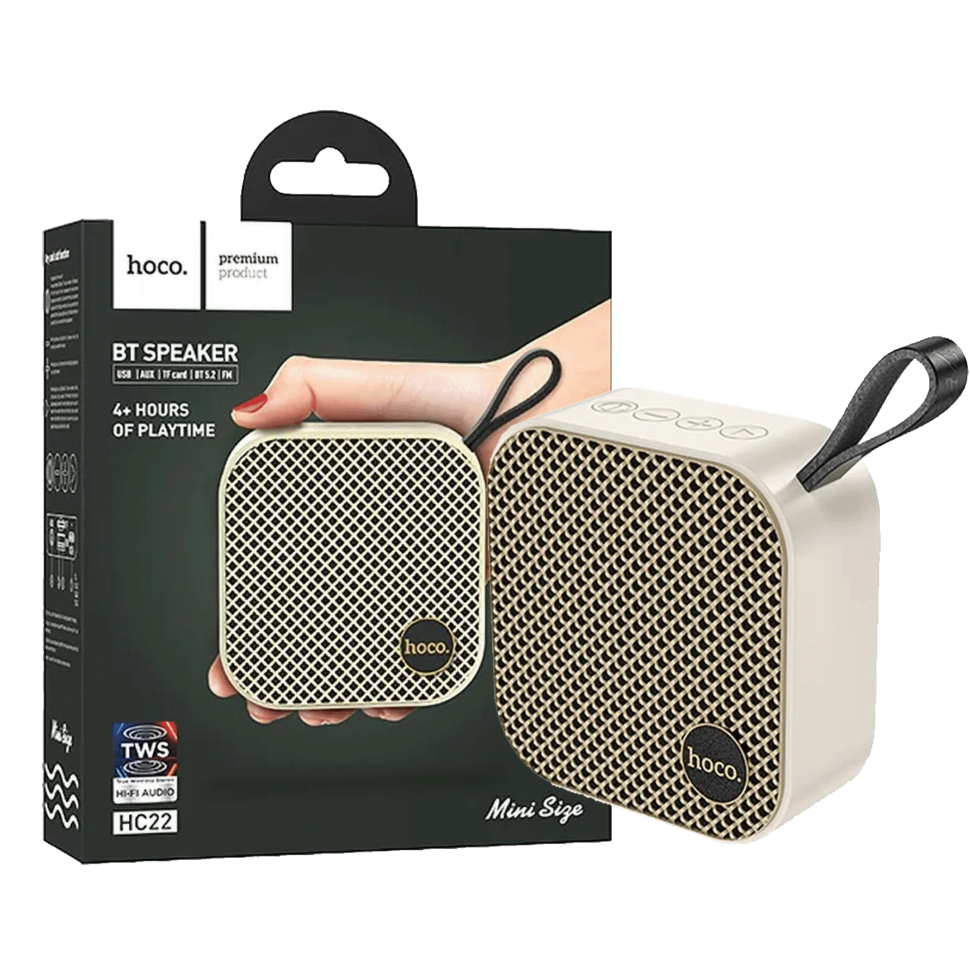 Hoco HC22 bežični Bluetooth zvučnik u bijeloj boji sa prikazanim dugmetom za upravljanje