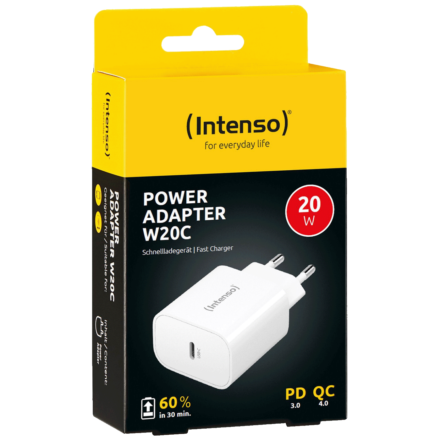 Intenso W20C brzi USB-C punjač sa belim kućnim adapterom i oznakom 20W