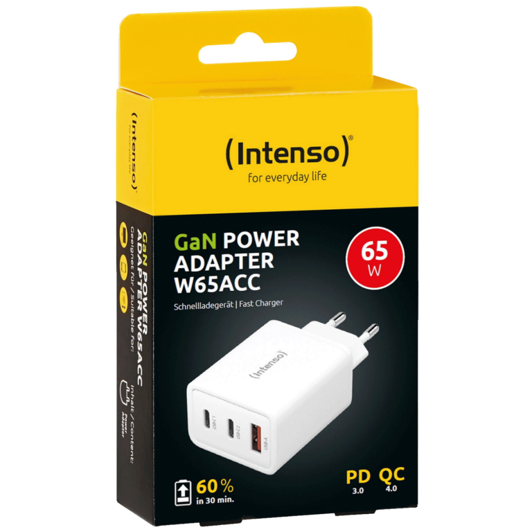 Intenso GaN punjač 65W sa USB-C i USB-A priključcima, kompaktan dizajn