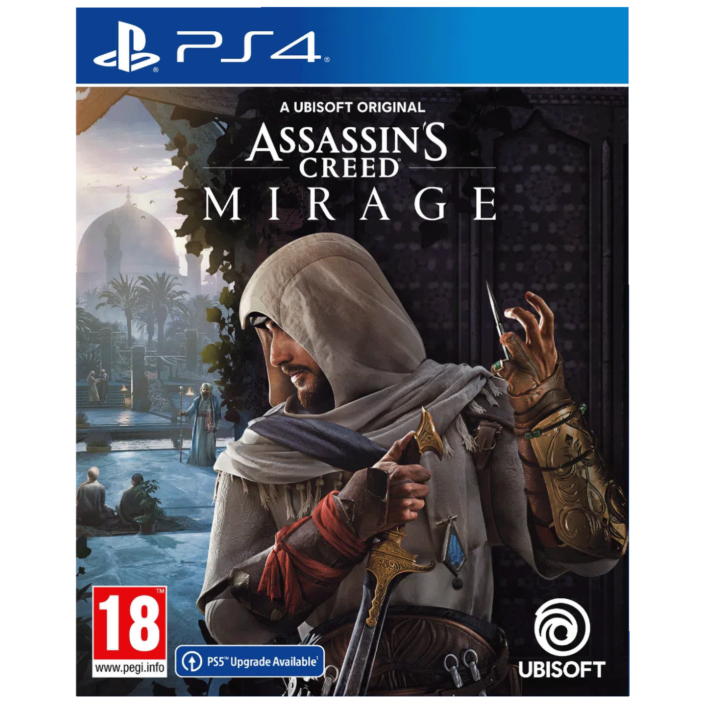 Omot igre Assassin's Creed Mirage za PlayStation 4 sa likom Basima u pozadini Bagdada